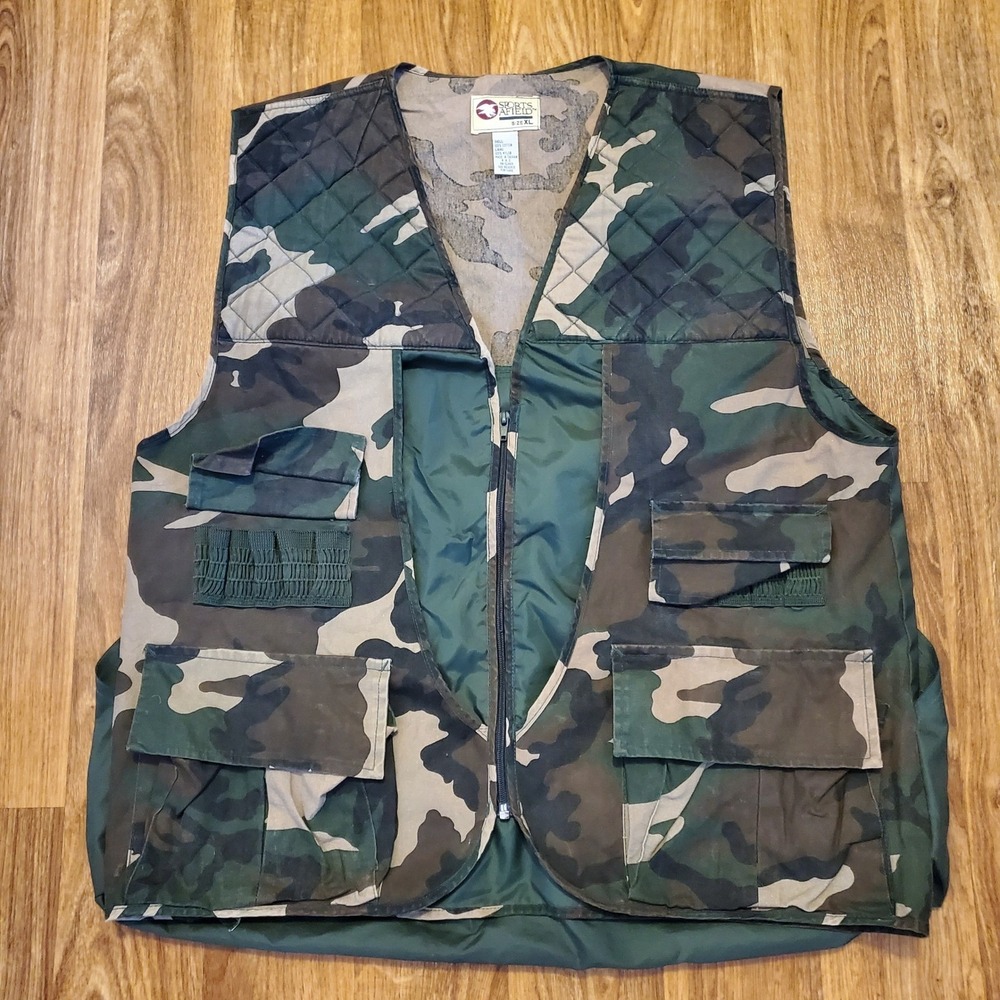 Vintage Hunting Vest Men XL Green Camouflage Zip Game Bag Shell Loops Afield - Picture 1 of 8